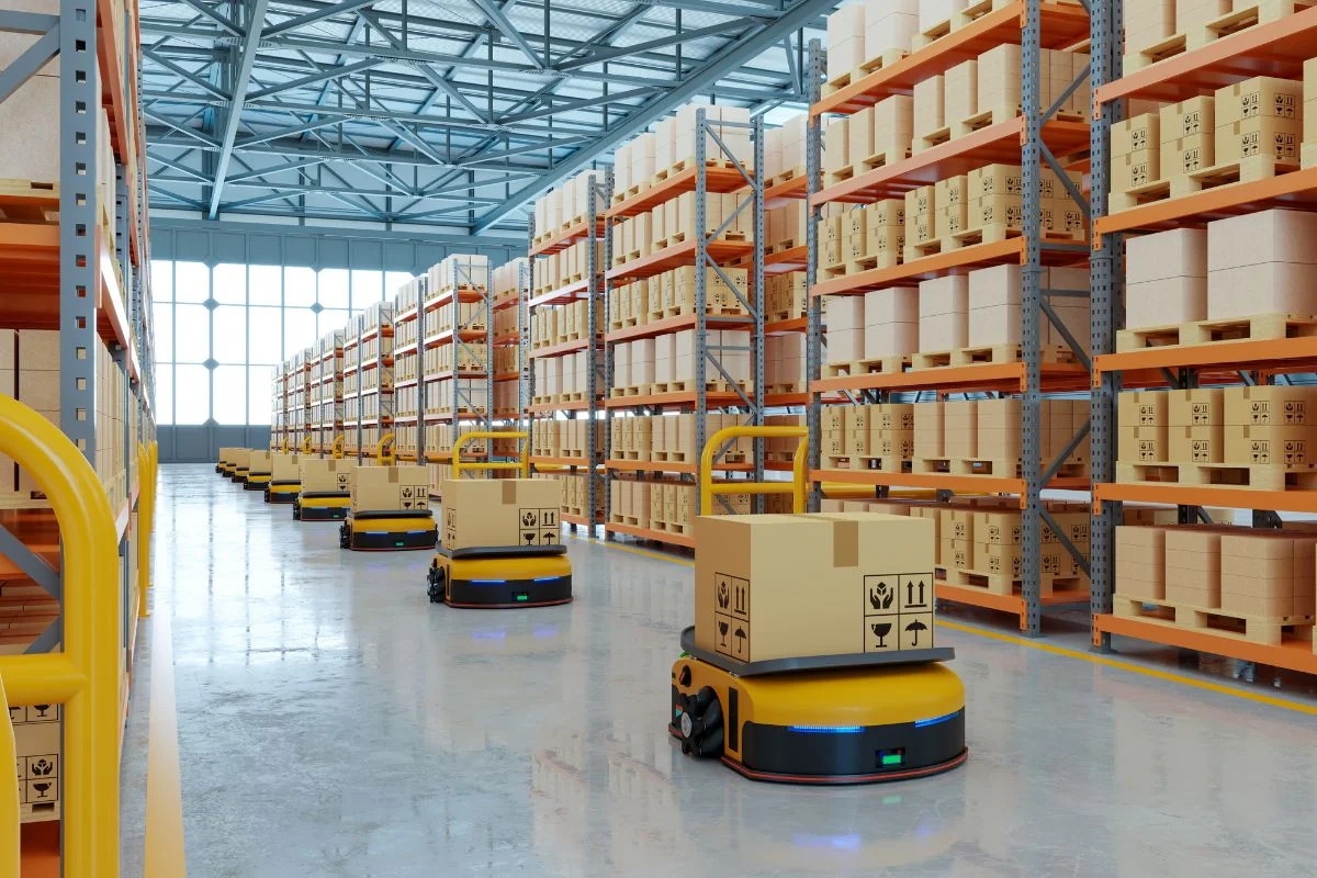 Automated fulfillment robots moving packages in a modern logistics warehouse
