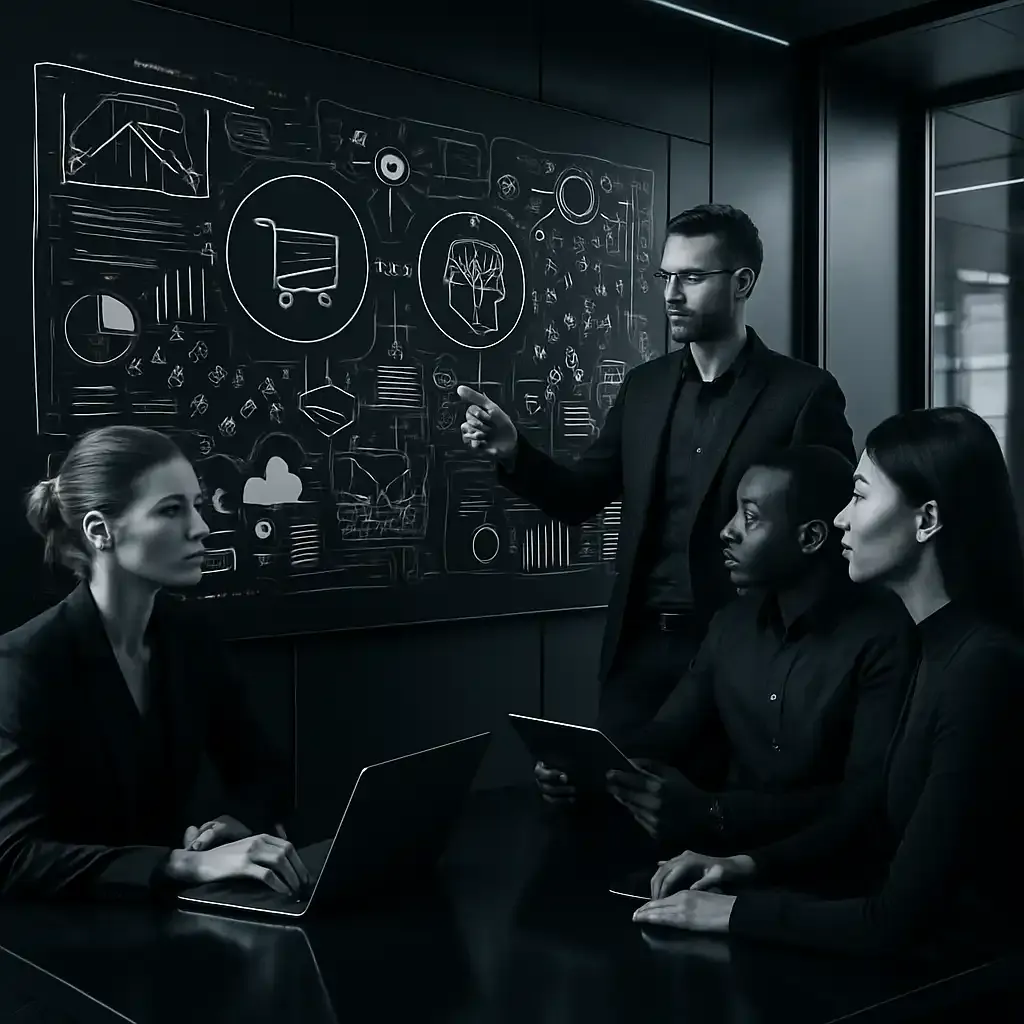 Professionals collaborating around a digital dashboard with e-commerce and AI data flows in a high-tech office