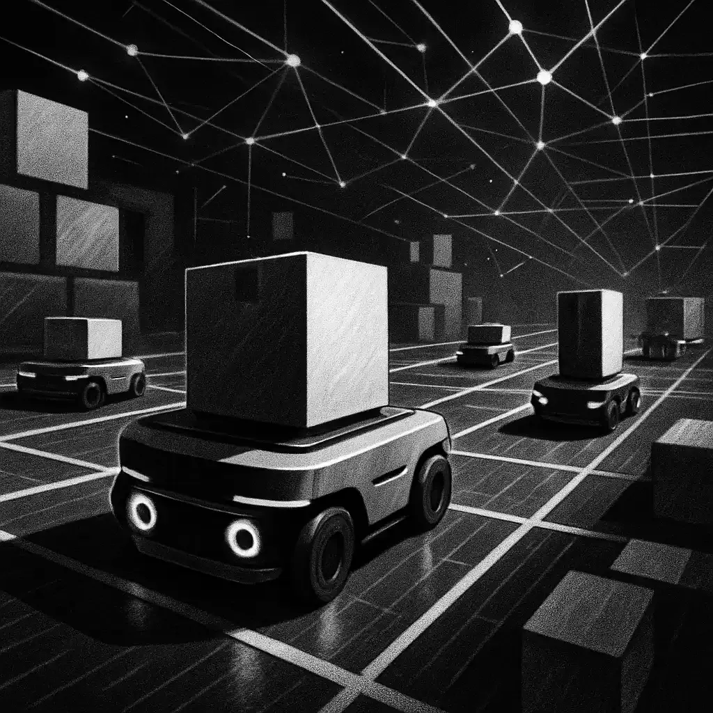 Automated logistics center with autonomous runner bots moving packages between large racks