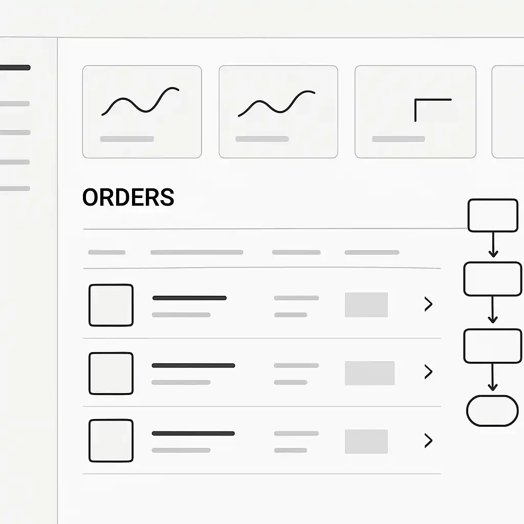 Digital e-commerce dashboard interface with automated order fulfillment flows