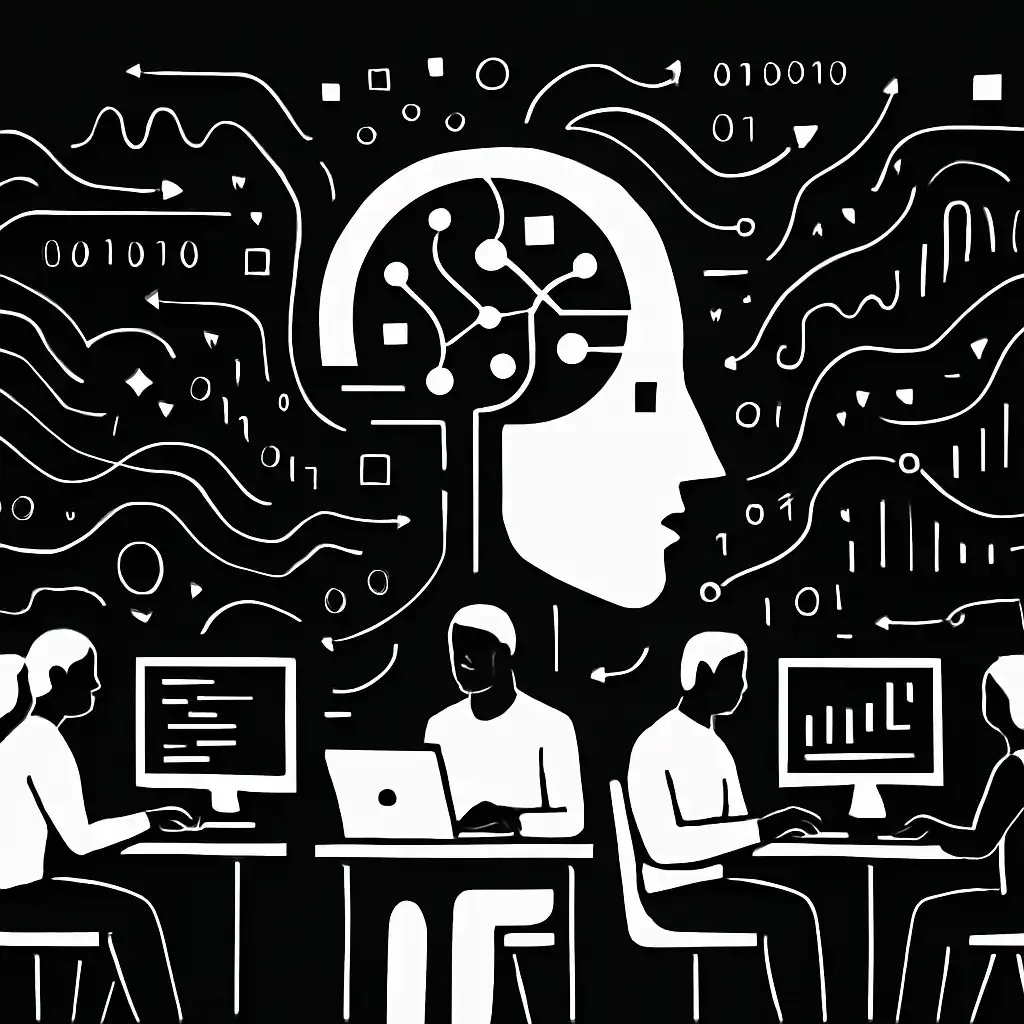 Professionals working with AI data flows and programming models in a modern workspace