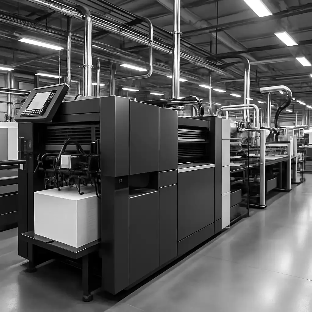 Modern printing press or manufacturing floor with automated machinery and connected systems