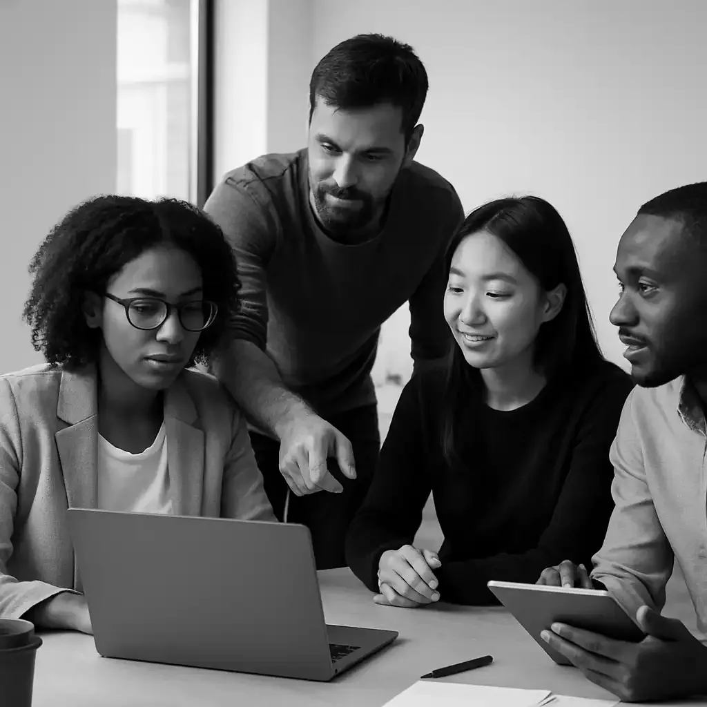Diverse team of technology professionals collaborating in a modern office