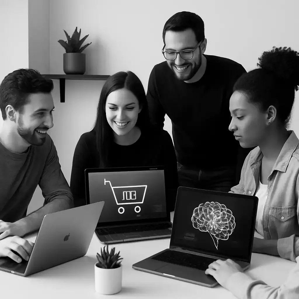 Startup team using e-commerce and AI tools in a modern workspace