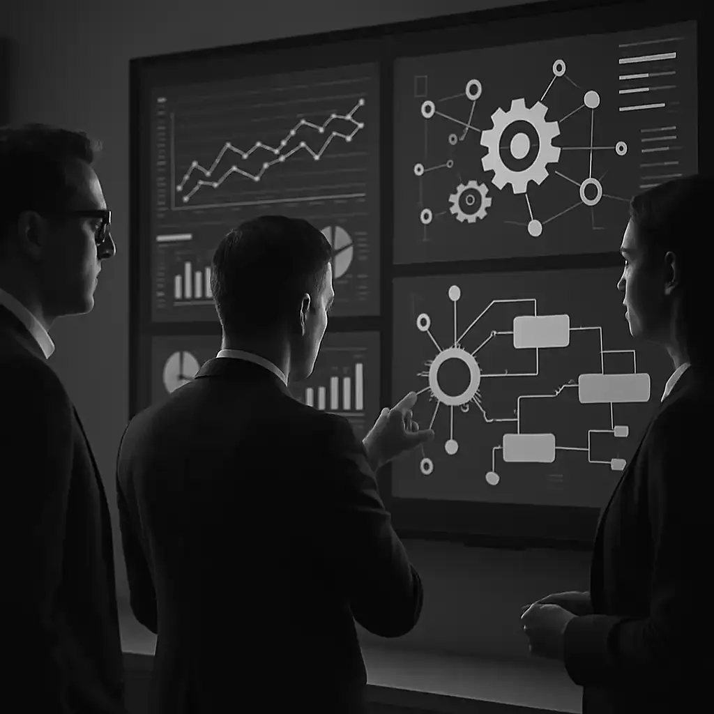 Business professionals analyzing digital dashboards with automation and API integration